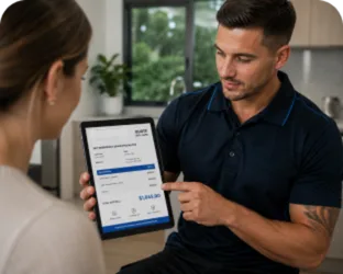 Plumber showing a Bella Vista customer the quote on a tablet